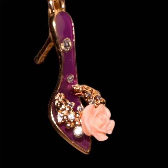 Stiletto Sandal W/ Rose & Crystals Wire Hook Earrings in Gold Tone - Picture 2 of 5